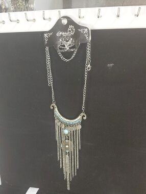 Boho Silver-Tone Turquoise Fringe Pendant Necklace